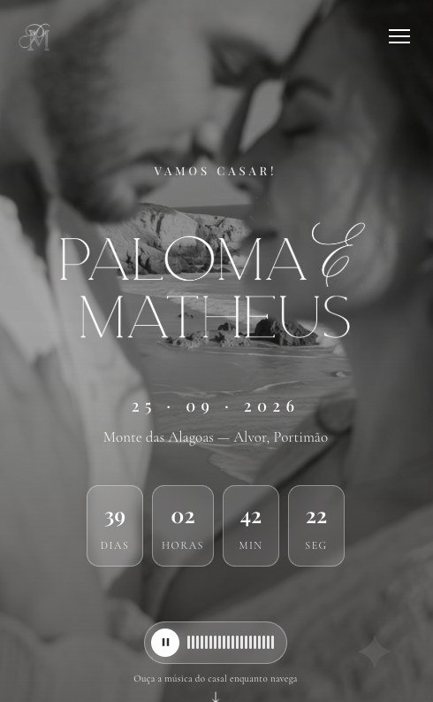Site de casamento real de Paloma & Matheus, versão telemóvel